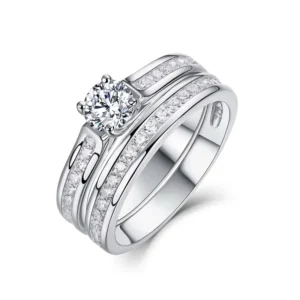 RENSINO S925 Sterling Silver Round Moissanite Prong Setting Rhodium Plated Nickel Free Bridal Ring Set