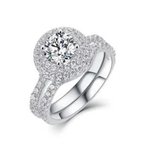 RENSINO S925 Sterling Silver Round Moissanite Side Stone Bridal Ring Set Rhodium Plated GRA Certified