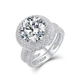RENSINO S925 Sterling Silver Round Moissanite Side Stone Luxury Bridal Engagement Ring Set Rhodium Plated