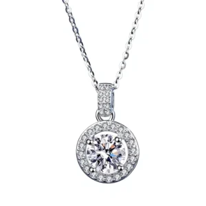 RENSINO S925 Sterling Silver Round Wrapped Moissanite Necklace Flash O Chain Electroplated One Carat Pendant Women Fashionable Office