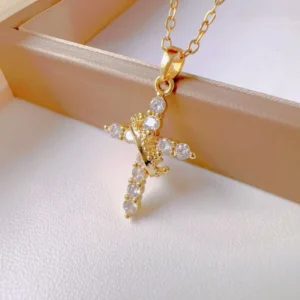 RENSINO S925 Sterling Silver Simple Cross Necklace for Women Gold Plated Crown Zircon Pendant Communion Gift