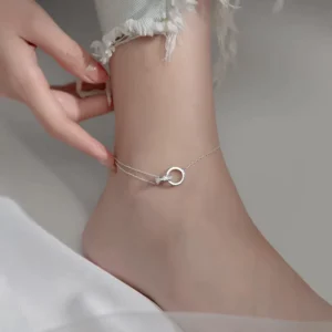 RENSINO S925 Sterling Silver Simple love Anklet Double Ring Leg Chain Suitable for Fashion Girls Women Gift Accessories