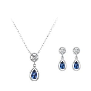 RENSINO S925 Sterling Silver Simulated Waterdrop Blue Zircon Necklace Earrings Elegant Fashion Wedding Party Jewelry Set Women