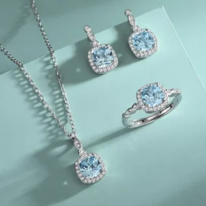 RENSINO S925 Sterling Silver Square Diamond inlaid Ocean Necklace Heart European American Fashion Jewelry Three Piece Set Earrings Ring