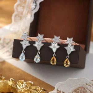 RENSINO S925 Sterling Silver Star Stud Earrings Natural Gemstone Crystal Hypoallergenic Jewelry Custom Gift Box
