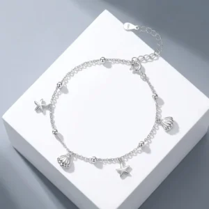 RENSINO S925 Sterling Silver Starfish and Shell Charm Bracelet Minimalist Plain Silver Ocean Jewelry for Women Gift