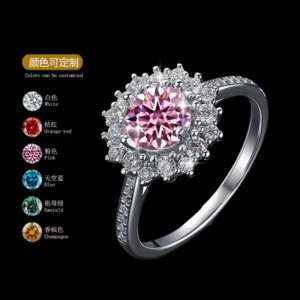 RENSINO S925 Sterling Silver Sunflower Inlay Vvs D Color 1CT Moissanite Ring Women Wedding Bands
