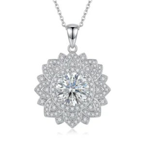RENSINO S925 Sterling Silver Sunflower Moissanite Necklace D Color VVS1 Lab Diamond Halo Pendant Necklace for Women