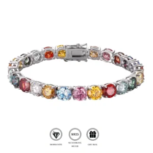RENSINO S925 Sterling Silver Tennis Chain 3/4/5/6.5mm Rainbow Moissanite Bracelet Bangle Pink Blue Red Green