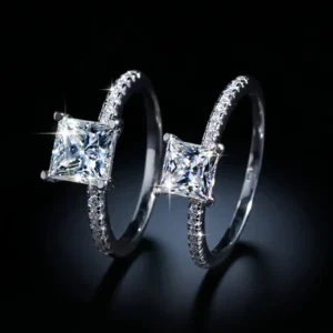 RENSINO S925 Sterling Silver VVS D Color 1 CT 2CT Princess Cut Square Moissanite Ring for Women Wedding Band