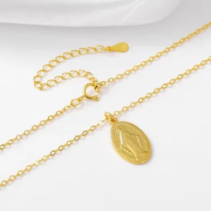 RENSINO S925 Sterling Silver Virgin Mary Coin Pendant Necklace Short Clavicle Link Chain Necklace