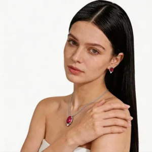 RENSINO S925 Sterling Silver Wedding Party Gift Pomegranate Red Zircon Pendant Necklace Earrings Women’s Simple Niche Design Jewelry Set