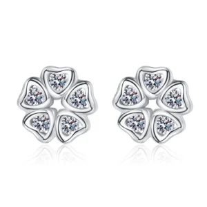 RENSINO S925 Sterling Silver Women’s Heart Petal Mosang Stone Earrings