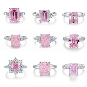RENSINO S925 Sterling Silver Women’s Pink Series Diamond inlaid Zircon Ring With Geometry Cut And Ice Flower Design