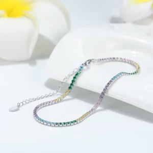 RENSINO SA04 Cubic Zirconia Tennis Bracelet Anklet 925 Sterling Silver Diamond Colorful Rainbow Tennis Anklets