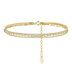 RENSINO SA104 Triple Layer Paperclip 925 Sterling Silver Anklet Cubic Zirconia Tennis Chain Trendy Urban Stacking Chic Women