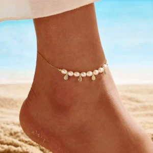 RENSINO SA65 Freshwater Pearl Anklets Gold Ankle Bracelet 925 Sterling Silver Charm Beach Foot Jewelry for Women