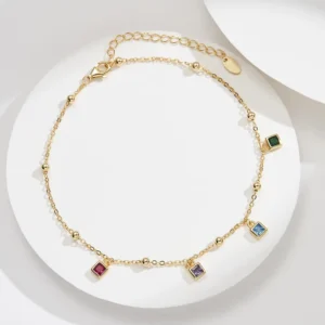 RENSINO SA91 Rainbow Zircon Anklet 925 Sterling Silver Anklet Square Zircon Gold Plated Anklet Chain Women