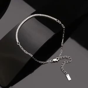 RENSINO SB141 Silver Jewelry 925 Sterling Silver Half Paperclip Chain Half Tennis Bracelet With CZ 14K Gold Plated