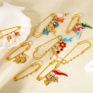 RENSINO SH10 Stainless Steel Gold Plated Pins Pendant Sea Series butterfly Fruit Zirconia Cloth Brooch for Women Men Jewelry