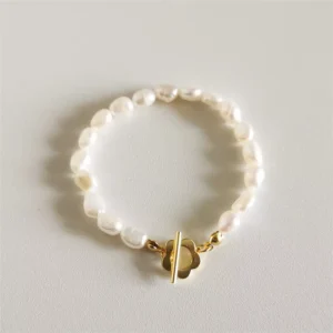 RENSINO SP Fine Dainty Jewelry Sterling Silver Flower OT Buckle Bracelet Baroque Freshwater Pearl Bead Chain Bracelet