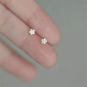 RENSINO SP Korean Fashion High Quality Diamond Flower Earrings S925 Sterling Silver Made 14K Real Gold Plated Stud Earring