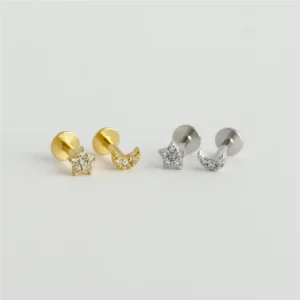 RENSINO SP New Mini Studs S925 Sterling Silver Flat Backing Pave Setting Zircon Moon and Star Stud Earrings