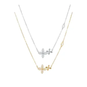 RENSINO SPJ 925 Sterling Silver 18K Gold Plated Double Motif Clover Necklace Flower Cubic Zirconia Clavicle Chain for Women