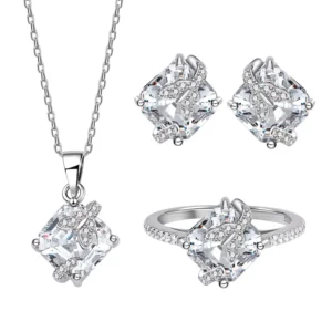 RENSINO SPJ Trendy Butterfly Fashion Silver Jewelry Sets Rhodium Plated 8*8mm CZ Square Shaped 925 Sterling Silver Jewelry Sets