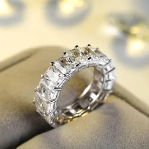 RENSINO SR168 Sterling 925 Silver Ring Shiny Cubic Zirconia Baguette Cut Eternity Bands for Women