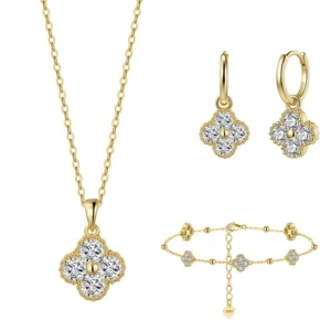 RENSINO SS MON14 Custom Ins Style Moissanite Clover Jewelry Set Necklace Earrings Bracelet 925 Sterling Silver Elegant Matching Design