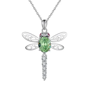 RENSINO SWN21 Green Stone Necklace 925 Sterling Silver Crystal Cubic Zircon Dragonfly Pendant Necklace for Women