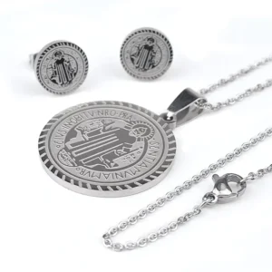 RENSINO Saint Benedict Silver Stainless Steel Religious Necklace Earring Women Jewelry Set