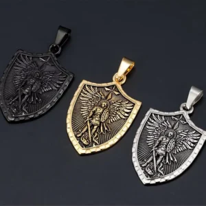 RENSINO Saint Michael Archangel Sword Shield Trendy Anti Tarnish Waterproof Stainless Steel Pendant Fashion Jewelry Necklace Pvd for Men