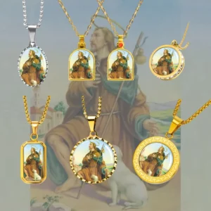 RENSINO Saint Roch Memento Charm Pendant with 18K Gold Plated Stainless Steel Catholic Saint Image Customized Religious Item