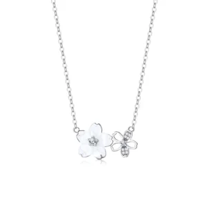 RENSINO Sakura Necklace Women’s 925 Pure Silver Hollow Out Diamond Set White Shell Clavicle Chain Small Fresh Fairy Style