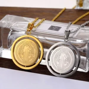 RENSINO San Benito Medal Rotatable Middle Part Silver/Gold 18K Gold Plated Deep Engrave Stainless Steel Christian Catholic Necklace
