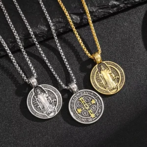 RENSINO San Benito Round Double sided Pattern Pendant Classic Fashion Vintage Religious Style Pendant Stainless Steel Necklace