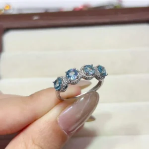 RENSINO Santa Maria Aquamarine Ring 4mm Faceted Natural Blue Gemstone 925 Silver Fashion Jewelry for Daily Wear & Gift