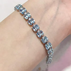 RENSINO Santa Maria Aquamarine Tennis Bracelet 3mm Oval Cut 925 Sterling Silver Adjustable Chain Women Fine Jewelry
