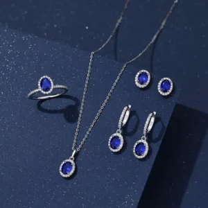 RENSINO Sapphire Necklace Ring Earrings Set 925 Silver Cubic Zircon Wedding Fine Jewelry Set For Women