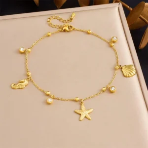 RENSINO Sea Stainless Steel Anti Tarnish Beach Anklet 18k Pvd Gold Plated Starfish Scallops Seahorses Charm Anklet