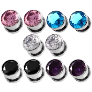RENSINO Set 10 Crystal Zircon Ear Tunnels Stainless Steel Screw Flesh Gauge Ear Piercing Stretchers for Weddings Children Body Gifts
