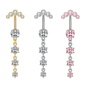 RENSINO Set 10 Pink Zircon Inlay Belly Rings Large 4 Zircon 5 Diamond Navel Ring Dangle Stainless Steel