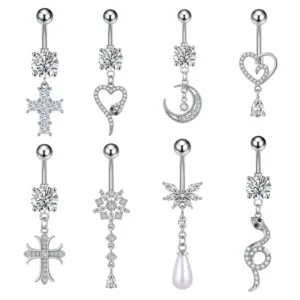 RENSINO Set 10 Stainless Steel Belly Button Rings Pearl Water Drop Moon Heart Zircon Inlaid Piercing Jewelry Fashion Piercing Jewelry