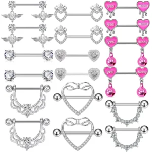 RENSINO Sexy Hot Girl Shiny Heart Shaped Nipple Ring Love Zircon Inlaid Stainless Steel Straight Rod Piercing Jewelry Unisex Breast Ring