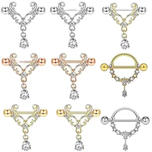 RENSINO Sexy Jewelry 14G Stainless Steel Water Drop Pendant Nipple Ring Hollow Zircon Body Jewelry Silver Gold Plated for Kids Wedding