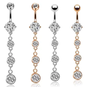 RENSINO Sexy Long Dangle Belly Button Ring Stainless Steel Sparkling CZ Navel Piercing Jewelry Fashion Jewelry for Women Party