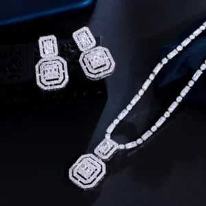 RENSINO Shiny Baguette Cubic Zirconia Wedding Bridal Party Necklace Earrings Fashion Gold Plated Jewelry Sets Accessories