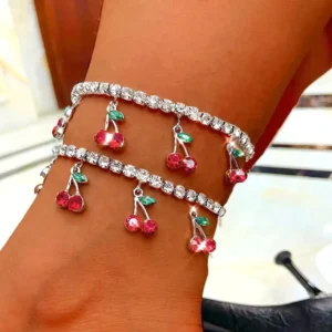 RENSINO Shiny Cherry Pendant Anklet for Women Leisure Sparkling Tennis Chain Anklets Jewelry Accessories